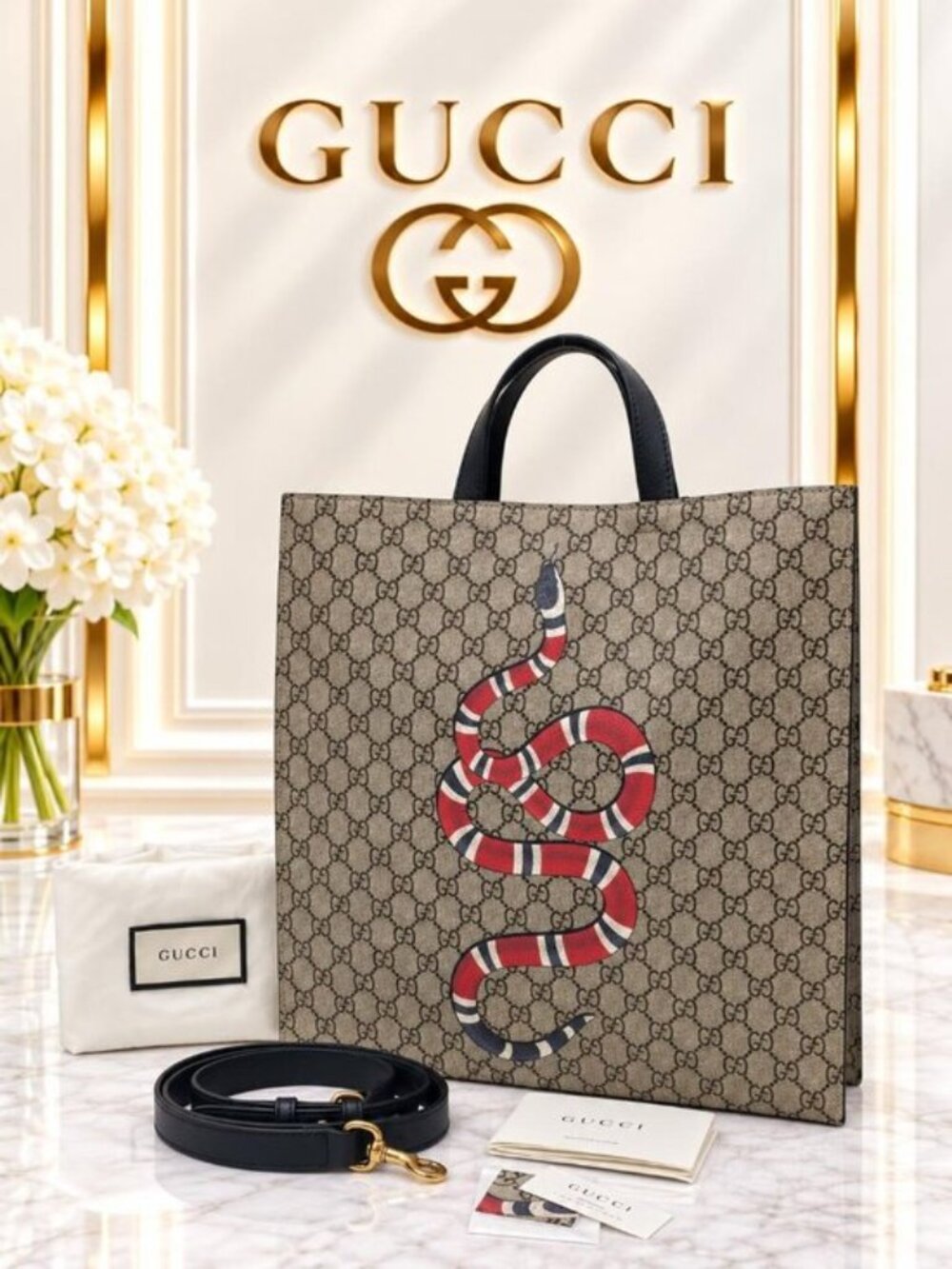 Authentic Gucci Kingsnake GG Supreme Tote Bag/Convertible Shoulder Bag